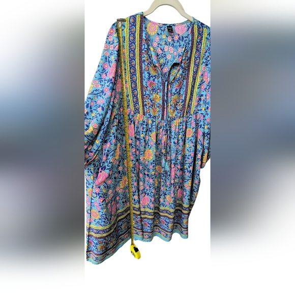 Emery Rose Colorful Floral Boho Lantern Sleeve Relaxed Tiered Smock Dress, M - Picture 6 of 10